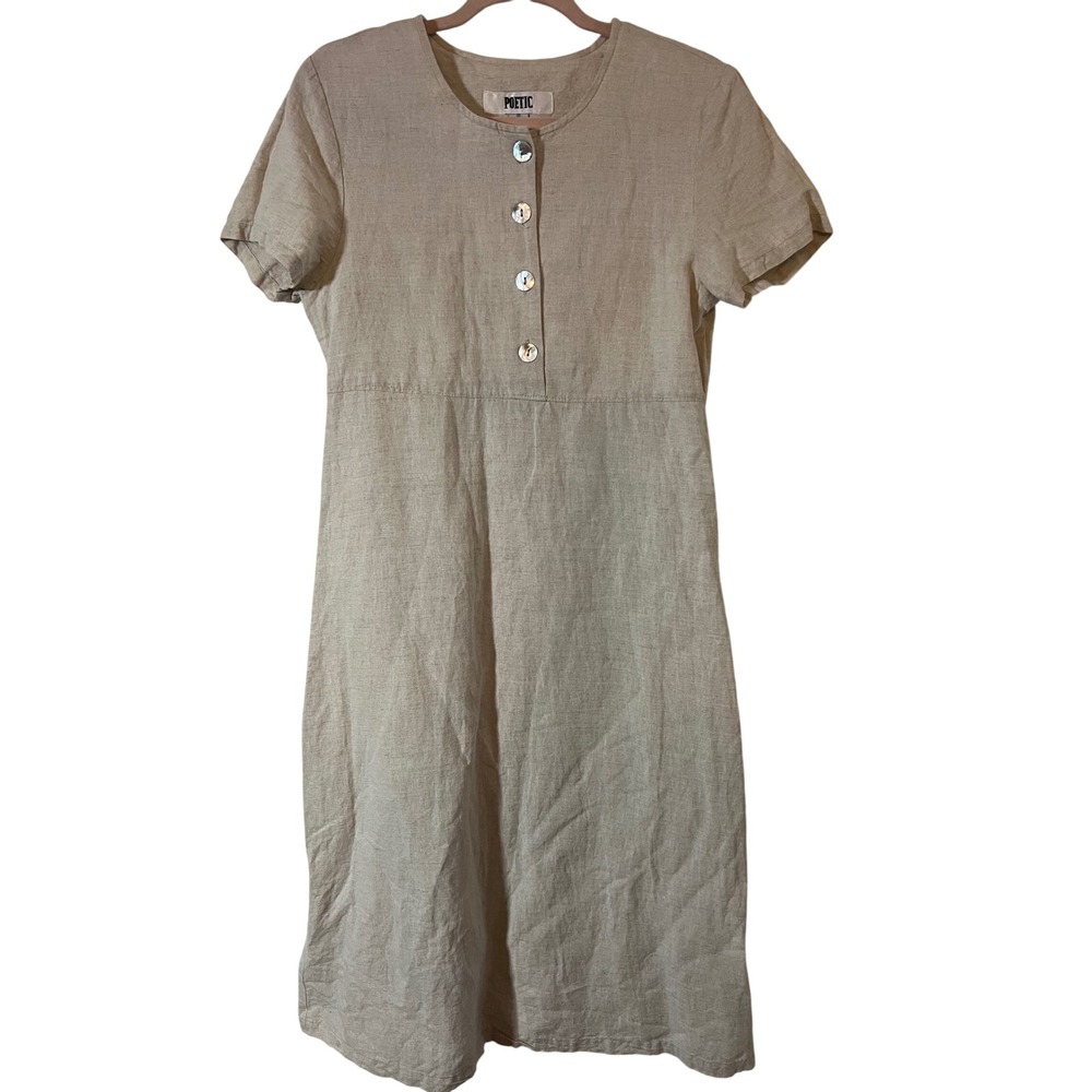 Poetic Linen Blend Dress Size 6 Minimalist Oatmeal Beige Shell Button Midi